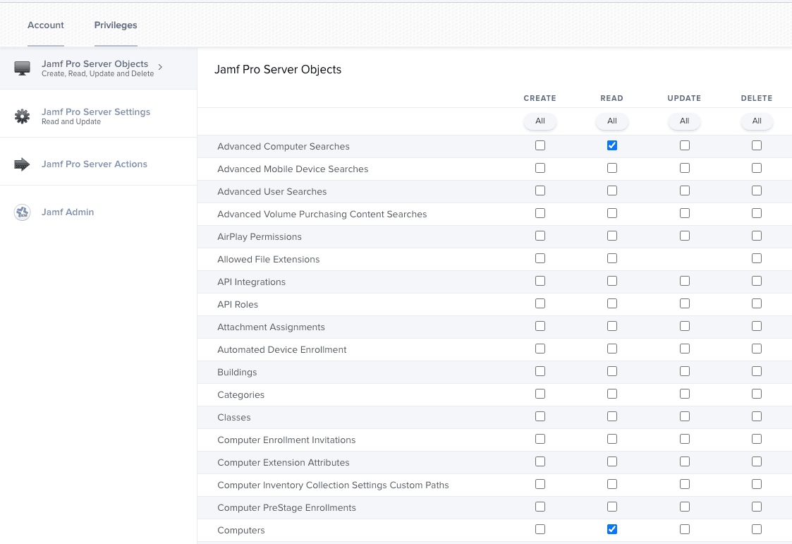 Jamf privileges setup